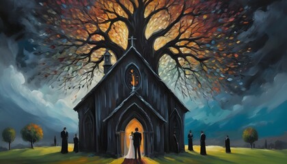 Abstract art oil painting of a sad wedding ceremony in the old chapel, Bride and groom under a tree - obrazy, fototapety, plakaty