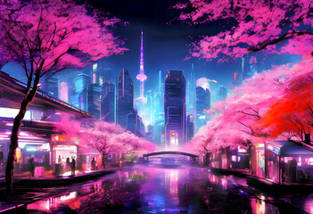 Neon Futuristic Cityscape at Night with Tower at Background, Cherry Blossom Tree at both ways
