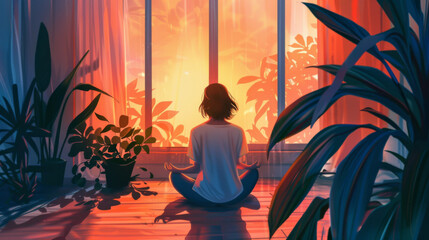 A girl sitting on the floor in a lotus position meditating, looking at the sunrise through large windows with plants. A cup of coffee sits nearby
