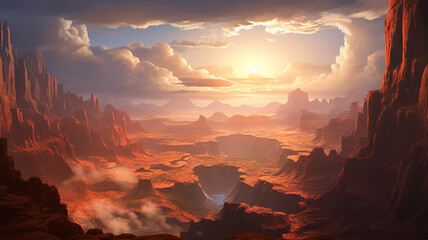 A breathtaking view of a vast canyon bathed in warm sunlight.