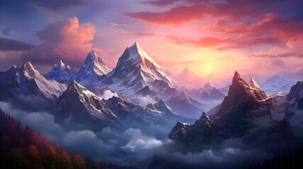 A breathtaking view of a majestic mountain range at sunrise.