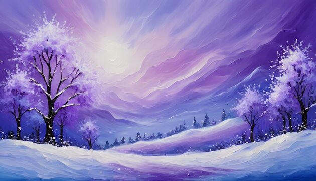 Abstract art purple landscape painting with snow and trees at night