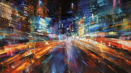 An impressionistic cityscape at night with blurred streaks of light creating a dynamic and energetic composition. - obrazy, fototapety, plakaty