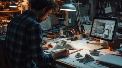 An industrial designer meticulously works on a prototype design in a workshop surrounded by various drafting tools and sketches. AIG41