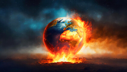 Planet Earth on fire over a fiery pit, global warming, climate change, save the Earth, conservation concept