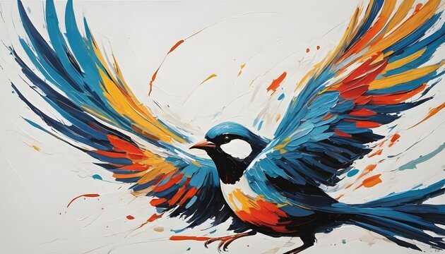 Abstract painting art brightly colored bird flying with its wings spread out on a white background