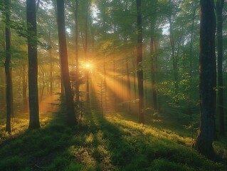 Obraz premium Sunbeams pour through trees in misty forest, Beautiful nature at morning in the misty spring forest