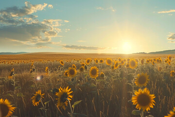 A captivating 4K photograph of a field of sunflowers swaying in the breeze, with golden petals...