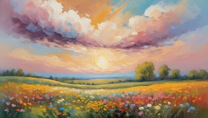 Fototapeta na wymiar Abstract painting of colorful fields. Spring wildflower field. Warm tone landscape