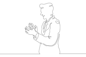 A man in a business suit claps his hands. Businessman applauds. Ovation. One continuous line . Line art. Minimal single line.White background. One line drawing.