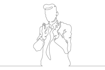 A man in a business suit claps his hands. Businessman applauds. Ovation. One continuous line . Line art. Minimal single line.White background. One line drawing.