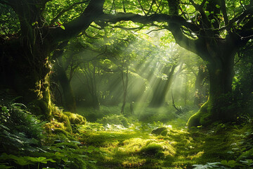 A captivating 4K photograph of a tranquil forest glade, with sunlight streaming through the canopy,...