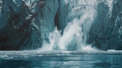 An intense moment capturing a glacier calving with large chunks of ice crashing into the sea, sending up a spray of icy water.
