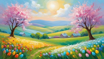 Idyllic spring landscape with soft pastel colors, Easter Eggs and hills nestled among a field of vibrant spring flowers, spring season, oil painting