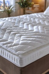 Fototapeta na wymiar Close up of a white mattress protector on a neatly arranged and stylishly made bed