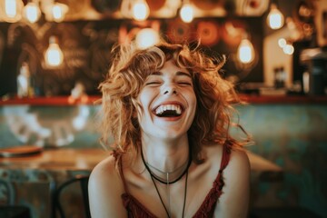 Obraz premium A candid photo of a person laughing hysterically, their joy radiating through their expression and body language