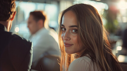 Young beautiful business woman sitting at a meeting with colleagues in a modern office. Corporate event or meeting in the business center