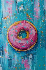 acrylic painting of pink donut on vibrant blue background with golden accents, poster or wall art work interior design for kithcen, dinning room 