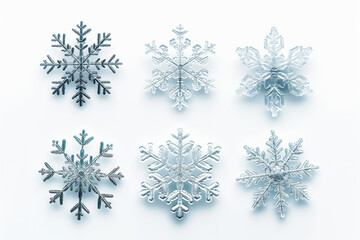 Set of different snowflakes isolated on white background. Macro photo of real snow crystals.