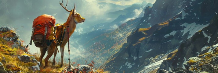 A realistic painting of a deer with a backpack navigating a rugged mountain terrain - obrazy, fototapety, plakaty