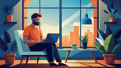 bearded man is working at home, sitting next to the window and and holding laptop on his lap