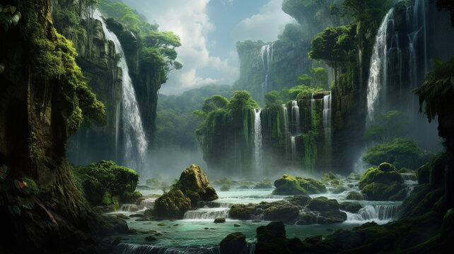 A cascading waterfall amidst a lush green landscape.