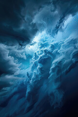 A significant blue cloud dominates the dark sky, creating a striking contrast in the atmosphere