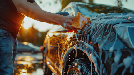 Young car wash worker washing a car - obrazy, fototapety, plakaty