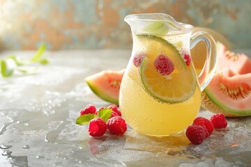 Vibrant watermelon lemonade glass pitcher with berries and copyspace