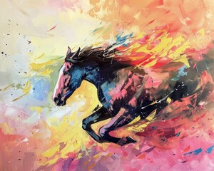 A painting that expresses the powerful bond between a horse and its rider, using expressive brushwork and a dynamic color scheme to capture their connection and movement