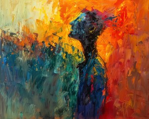 A painting that uses expressionistic techniques to depict a person facing and overcoming emotional obstacles, with dramatic brush strokes and vivid colors that evoke strong emotions - obrazy, fototapety, plakaty