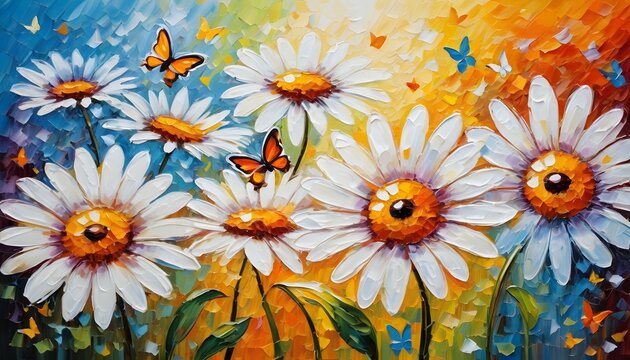 Beautiful daisies and butterflies. Colorful spring painting. Abstract background