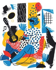 A pop art-inspired illustration showing a person engaging in activities that bring them joy, such as painting or playing music, using bright, optimistic colors