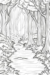 Detailed black and white illustration showcasing a dense forest filled with tall trees, fallen leaves, and various wildlife