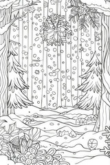 A detailed black and white illustration depicting a dense forest with tall trees, winding paths, and scattered wildlife