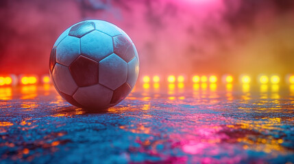 Soccer Ball on a Blue, Yellow and Pink Neon Background
