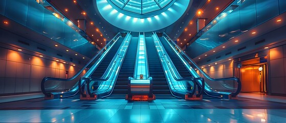 Modern shopping mall escalators are automated moving technology for convenience and efficiency. Concept Technology, Efficiency, Convenience, Shopping, Innovation