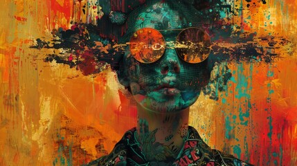 A woman with a face painted on a wall with a colorful background. The woman is wearing sunglasses and has a tattoo on her arm. The painting is abstract and has a lot of splatters of paint
