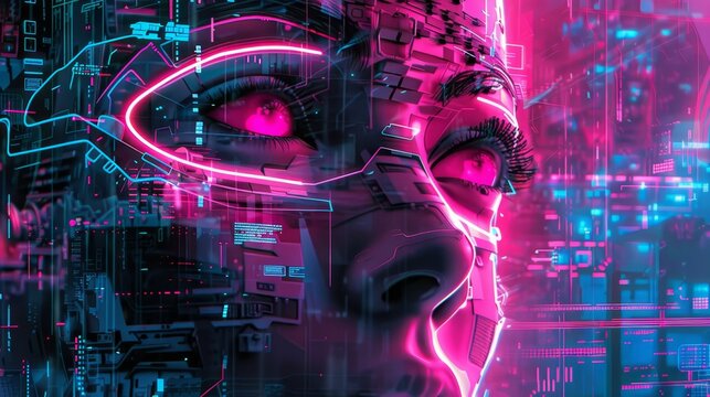 A woman's face with neon pink eyes and a black mask. The image is a futuristic, sci-fi style
