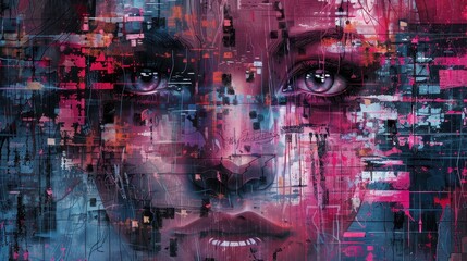 A woman's face is shown in a painting with a lot of different colors and textures. The painting is abstract and has a lot of detail, making it look like a collage of different images