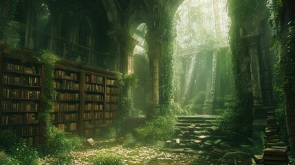 An ancient library in a hidden forest, overgrown with ivy, books filled with forgotten lore,...