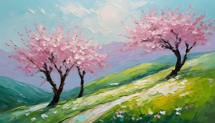 Fototapeten Spring pink cherry blossom trees landscape with hills into distant atmospheric horizon and clear sky, abstract oil painting © LilithArt