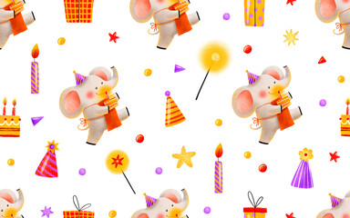 Seamless pattern with an elephant for a kids holiday. Baby elephant carries a cake. Cartoon festive birthday background with cake and gifts. Children's hand-drawn background for birthdays