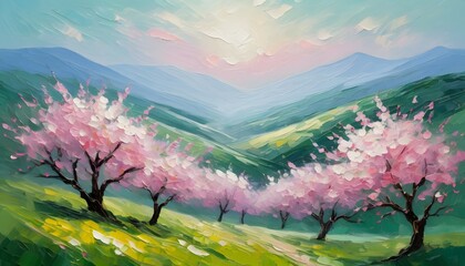 Obraz na płótnie Canvas Spring pink cherry blossom trees landscape with hills into distant atmospheric horizon and clear sky, abstract oil painting