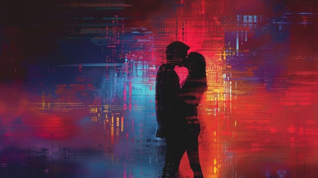 A couple is kissing in the rain. The image is blurry and has a lot of colors. Scene is romantic and dreamy