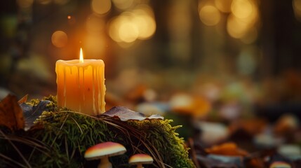 candle and mushrooms on the ground in the autumn forest.