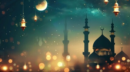 Ramadan Kareem festive background with intricate lanterns, crescent moon, and stars in a twilight sky - obrazy, fototapety, plakaty
