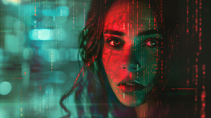 Digital Woman Illuminated by Digital Code and Light Streams - Cyber Security Quantum Computing - AI Singularity Avatar.