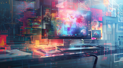Futuristic gaming setup with neon lights ,abstract technology background with glowing lines ,abstract technology background with high tech graphs and data
