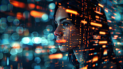 Digital Woman Illuminated by Digital Code and Light Streams - Cyber Security Quantum Computing - AI Singularity Avatar.